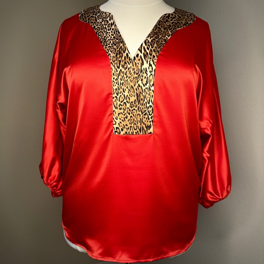 Eva Lorenzotti NY & Co. Red Satin Jaguar Top Size L Tunic Vintage Rare Designer